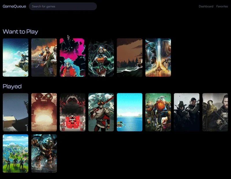 A gif showing the interface of GameQueue
